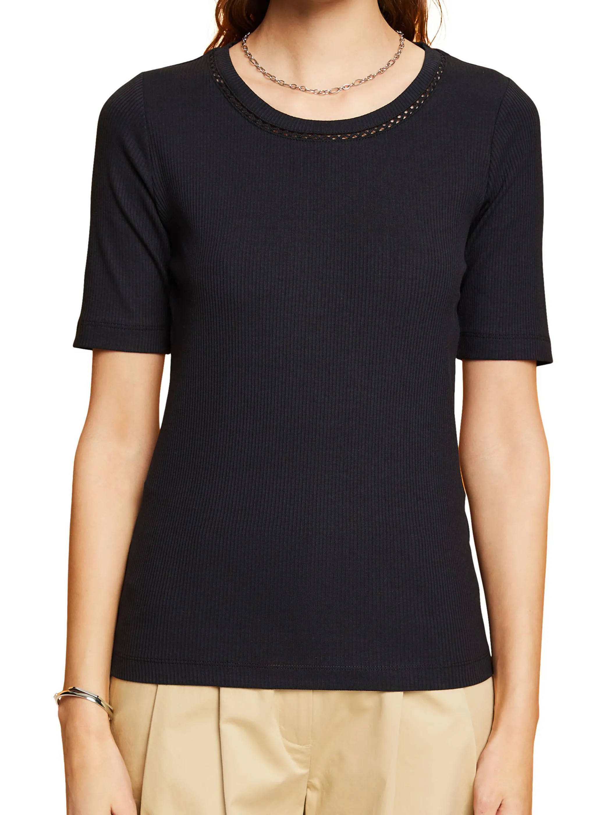 Damen Rippshirt mit Häkelborte