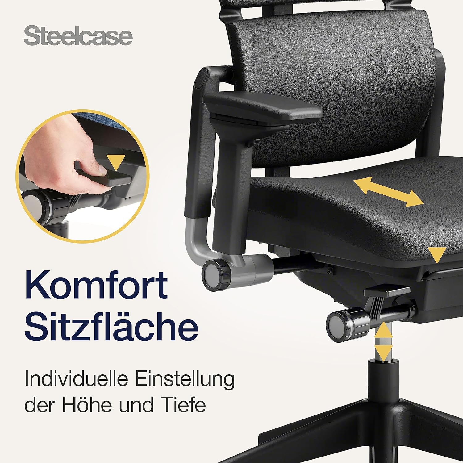 Steelcase Please Ergonomischer Bürodrehstuhl mit höhenverstellbarer Lumbalstütze für Unterstützung den ganzen Tag über, anpassbare Kopfstütze Schwarzes Leder