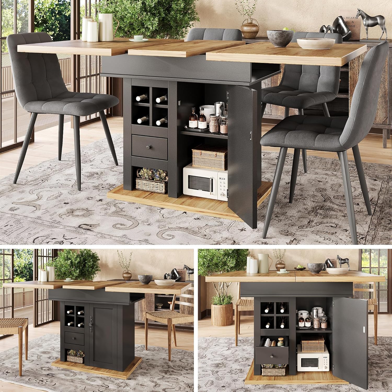 Esstisch Ausziehbar 110-140x80x75 cm mit Weinregal und Schubladen für 4-6 Personen, Esszimmertische mit Türen und Stauraum, Esszimmertisch Ausziehbar, Esszimmermöbel, Holzfarbe+Schwarz