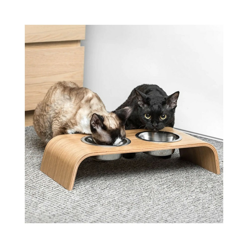 Gero - set de 2 gamelles surélevées en acier, socle bois chêne