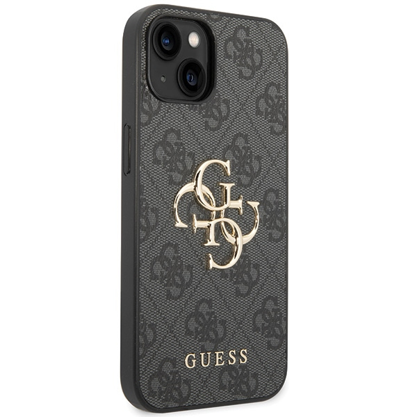 iPhone 15 Leder Hardcase Hülle Metall Logo (GUHCP15S4GMGGR) - Grau / Gold