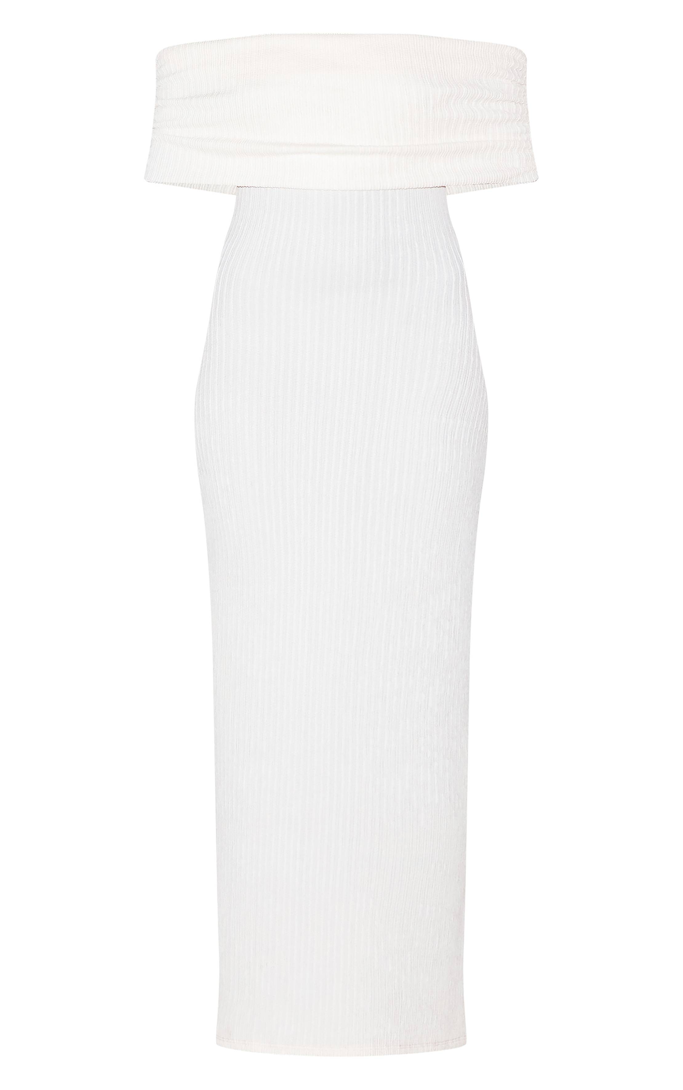 Crème Robe Longue Bardot Texturée À Revers Plié