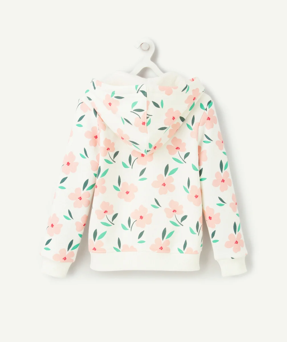GILET FILLE À CAPUCHE EN FIBRES RECYCLÉES BLANC ÉCRU IMPRIMÉ FLEURI