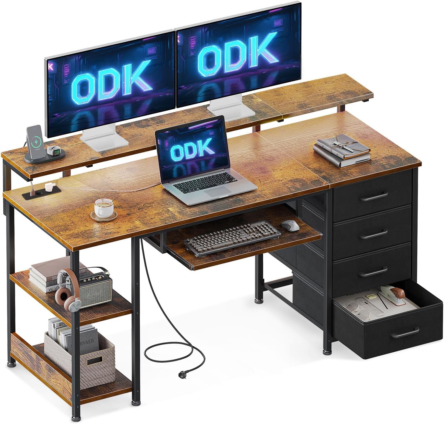 ODK Schreibtisch mit 4 Schubladen, Computertisch mit 2 Steckdosen und 2 USB Ladeanschluss, PC Tisch mit Regal, Gaming Tisch mit Tastaturablage fürs Büro, Wohnzimmer (Braun, 140x52x92cm)