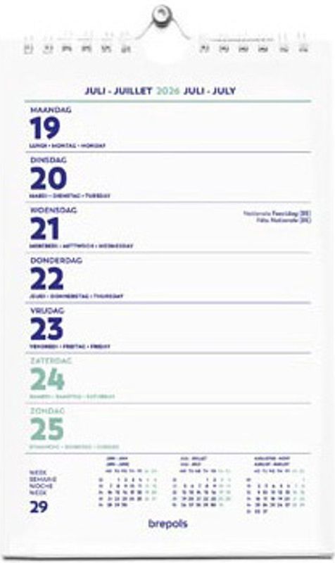 Brepols - Wandkalender - 2026 - Spiraalrug - Vier talen - Jaaroverzicht