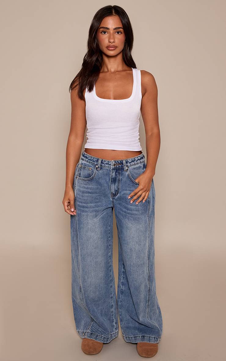 Mid Blue Wash Jean Large À Détails Plissés Latéraux En Denim Petite