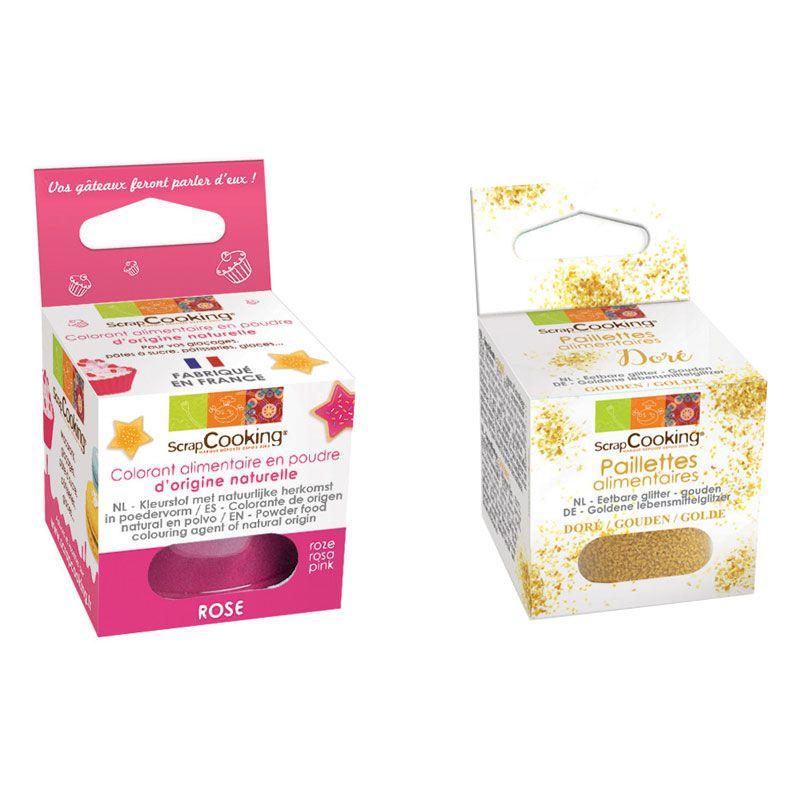 Colorant alimentaire Rose foncé + paillettes dorées Scrapcooking