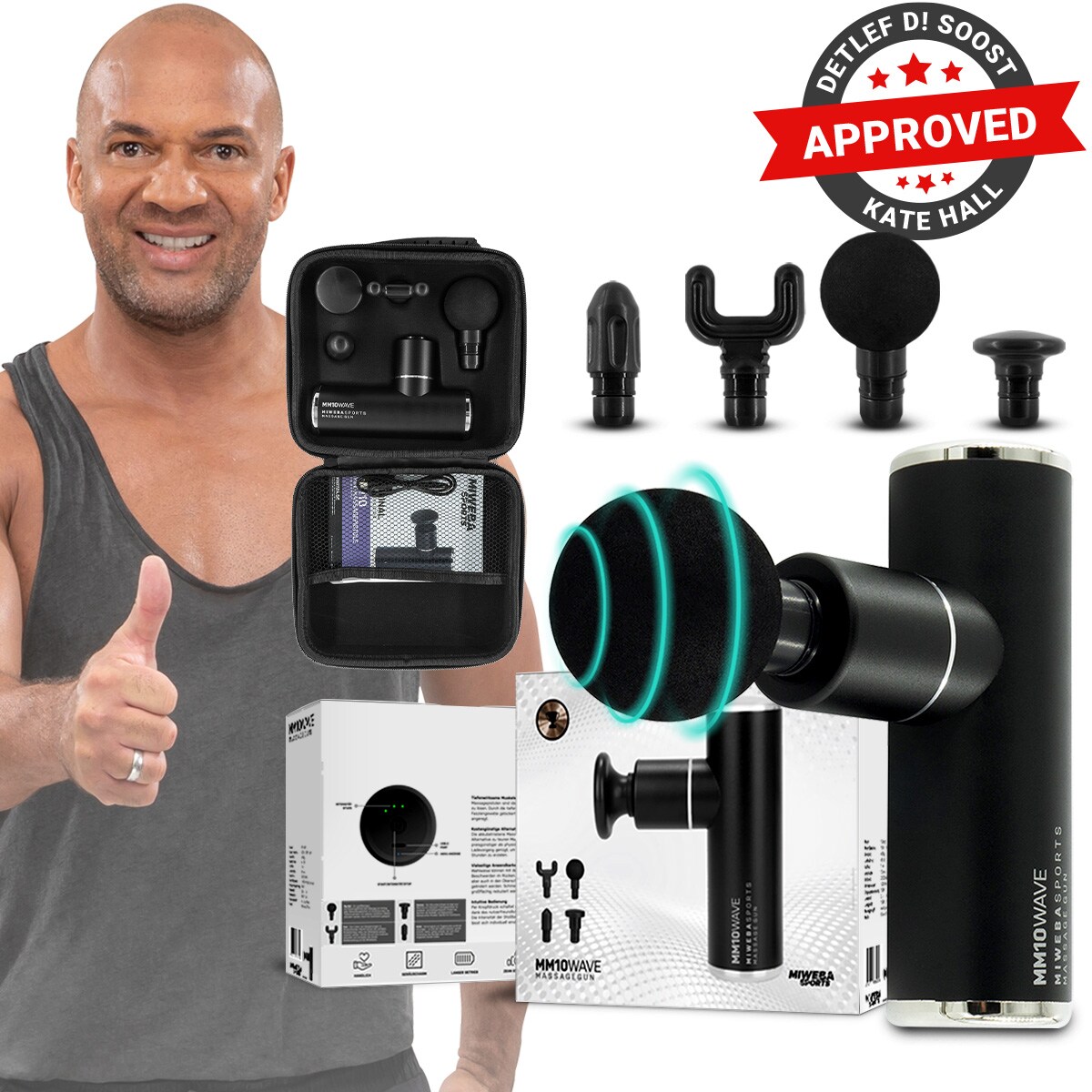Miweba Sports Mini-Massagepistole MM10, Massage-Gun 2500 mAh, Faszien-Muskelmassage mit 4 Aufsätzen (Schwarz)