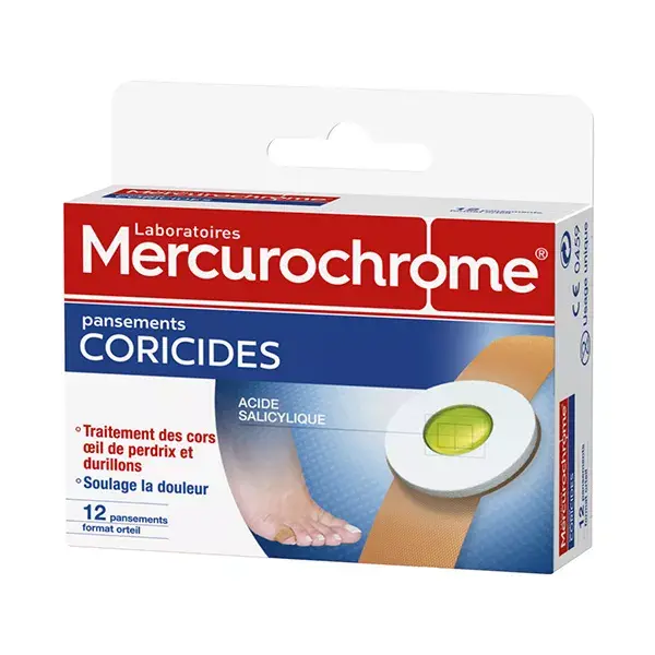 Adesivos removedores de calos com mercurocromo, caixa com 12 unidades.
