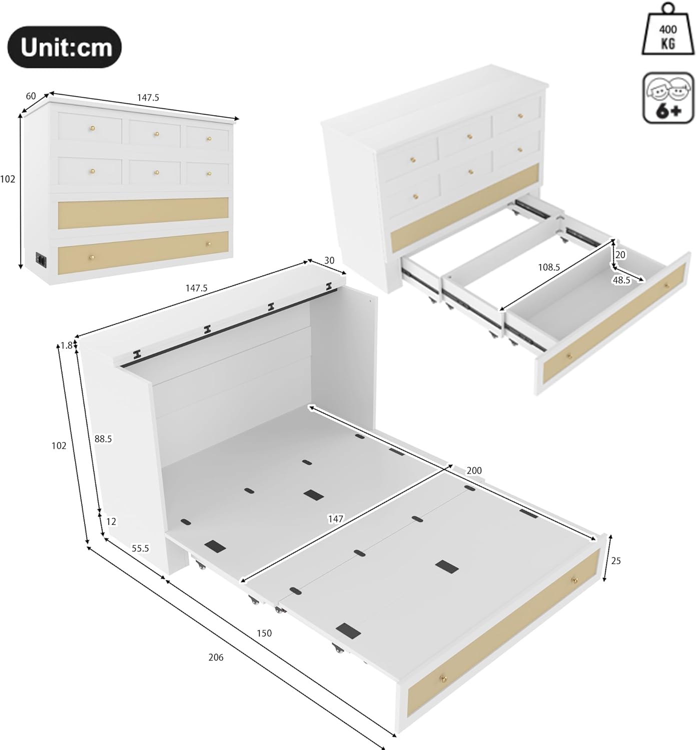 Mobiles Schrankbett 140x200, Umbaubares Schrankbett mit Schubladen, USB Steckdose und Regal, Vertikales Wandbett Klappbett Wandklappbett Murphy Bed Plattformbett Bettschrank, MDF, Ohne Matratze, Weiß