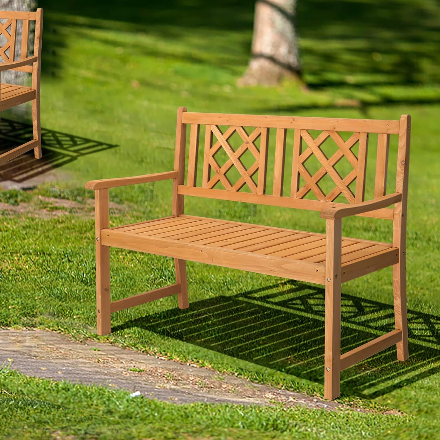 LEADZM Gartenbank,Holzbank,Holz Wetterfest,2-Sitzer,118 cm,Ergonomisch gestaltete Rückenlehne und Armlehnen,Bequem Balkonbank,275 kg Belastbar,für Balkon,Terrasse,Garten,Outdoor