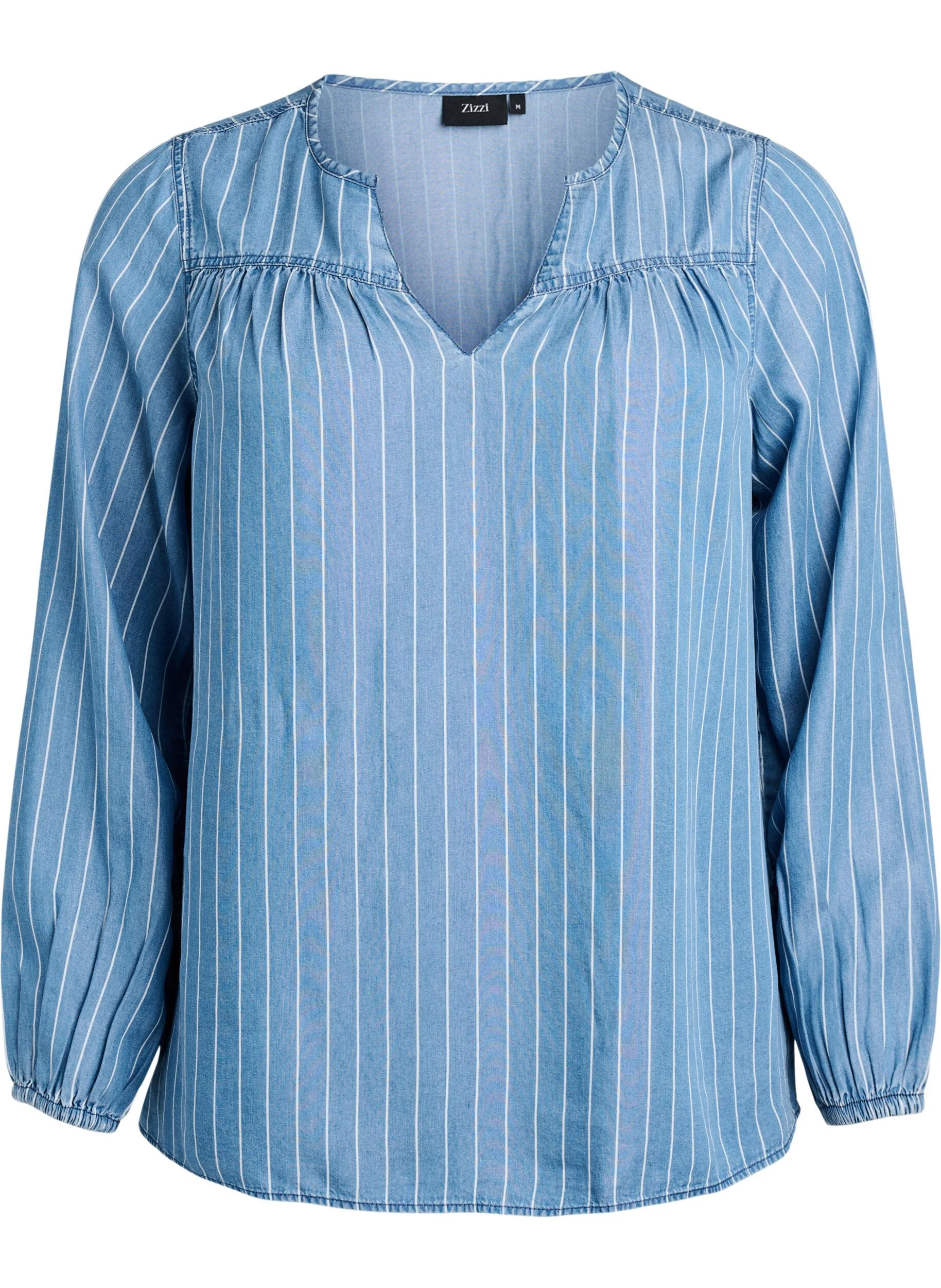 Stribet denimbluse med lange ærmer