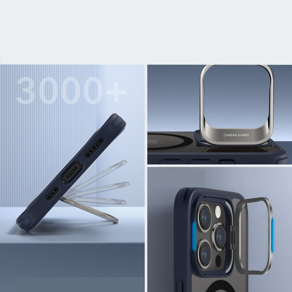iPhone 15 Pro Max Magnetic Series MagSafe Hülle   Kamera Kickstand - Dunkelblau / Transparent