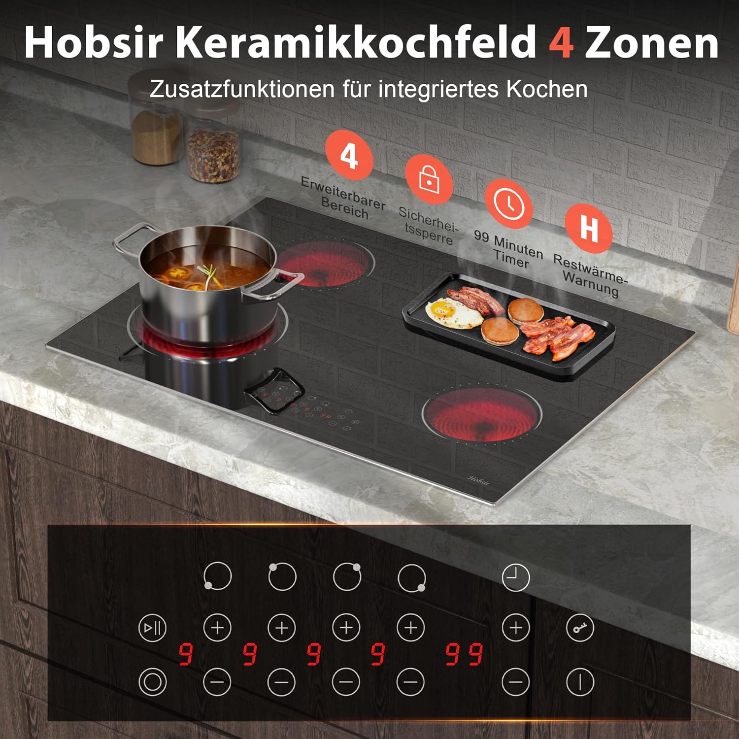 Glaskeramikkochfeld 4 Platten Kochfeld Autark 77 cm Glaskeramikkochfeld, Sensor-touch Control, 6600W, Doppelzone, Ovale Zone, 9 Leistungsstufe, Kindersicherung, Timer, Verkabelt, Kein Stecker