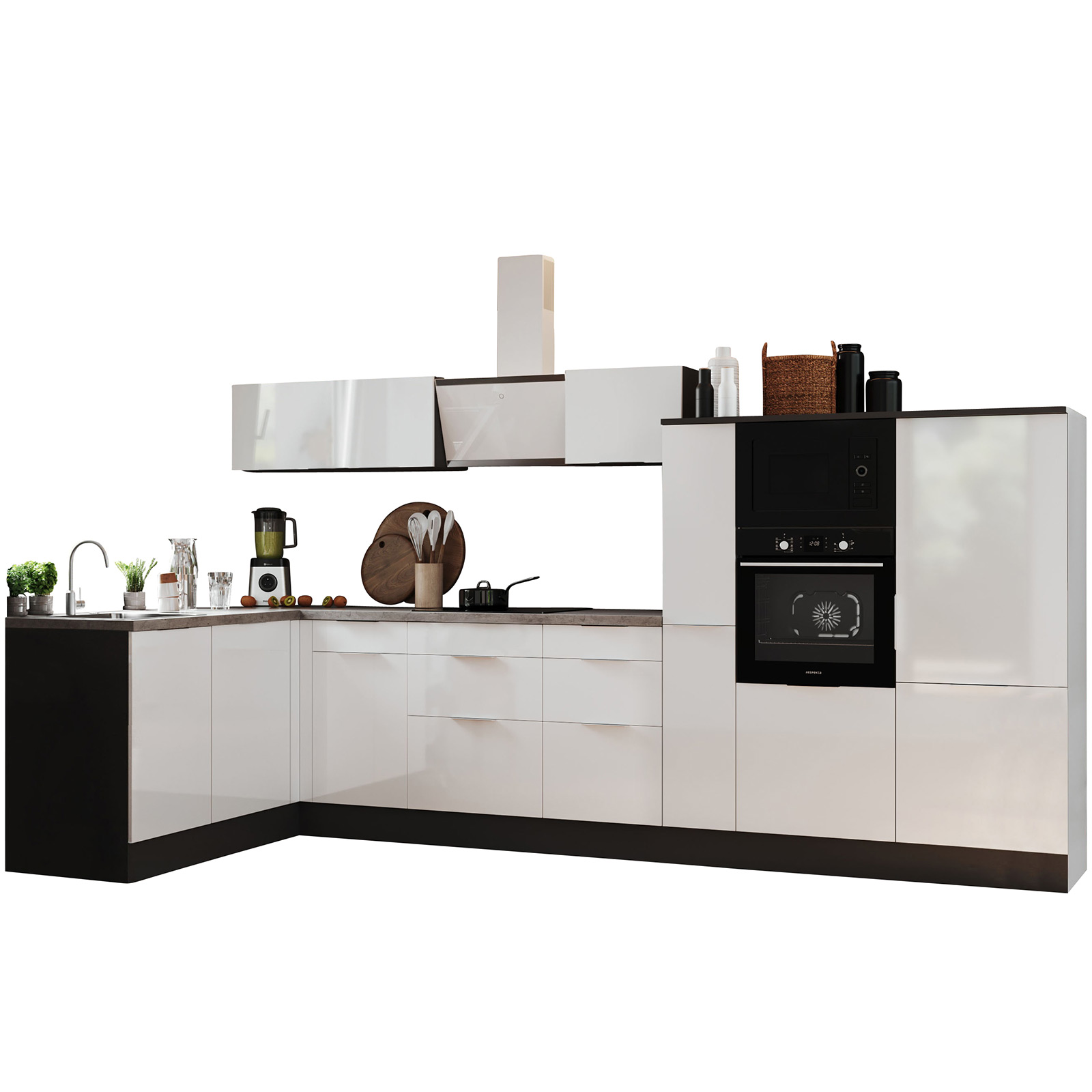 RESPEKTA Winkelküche - weiß Hochglanz - grau matt - mit E-Geräten - 370x175 cm
