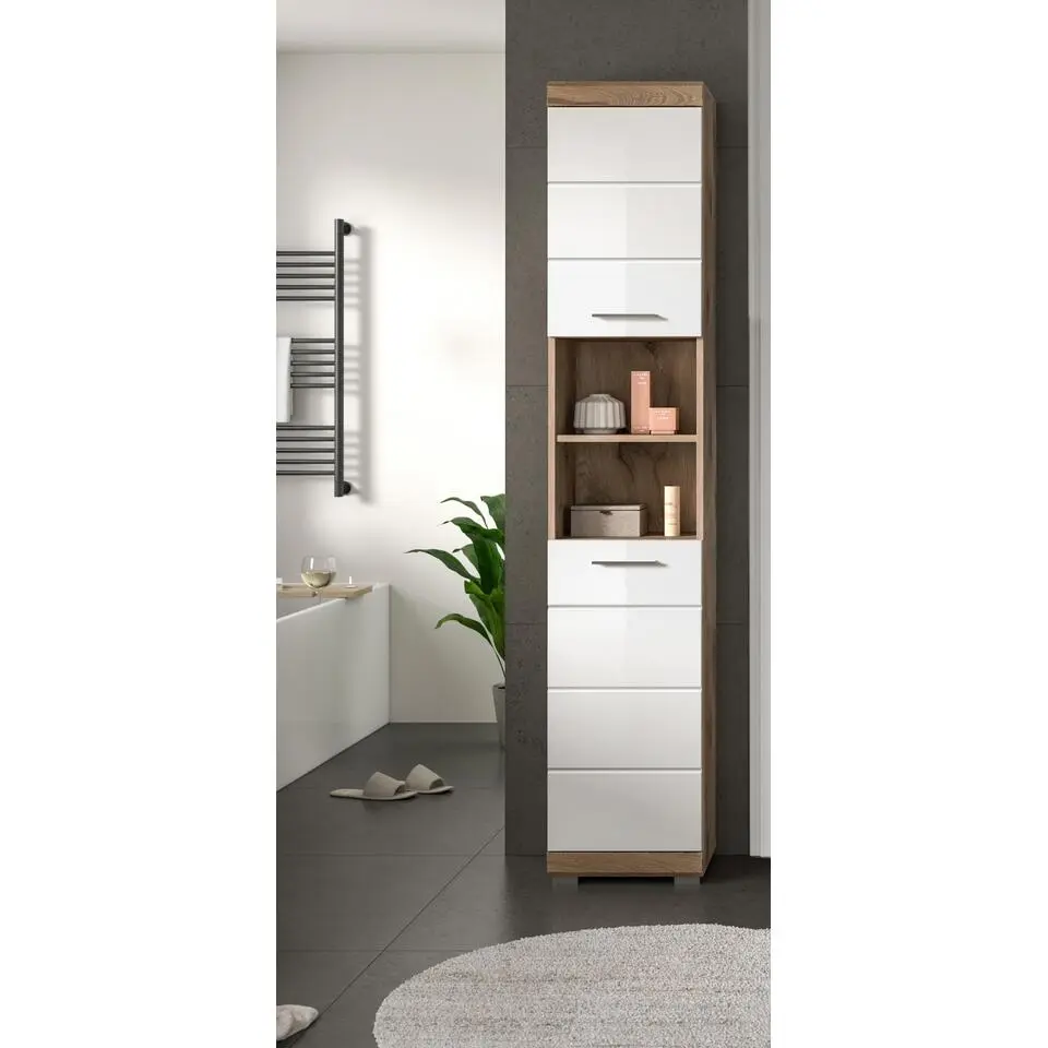 Hioshop Wave kolomkast 2 deuren- 2 planken wit hoogglans- eiken decor