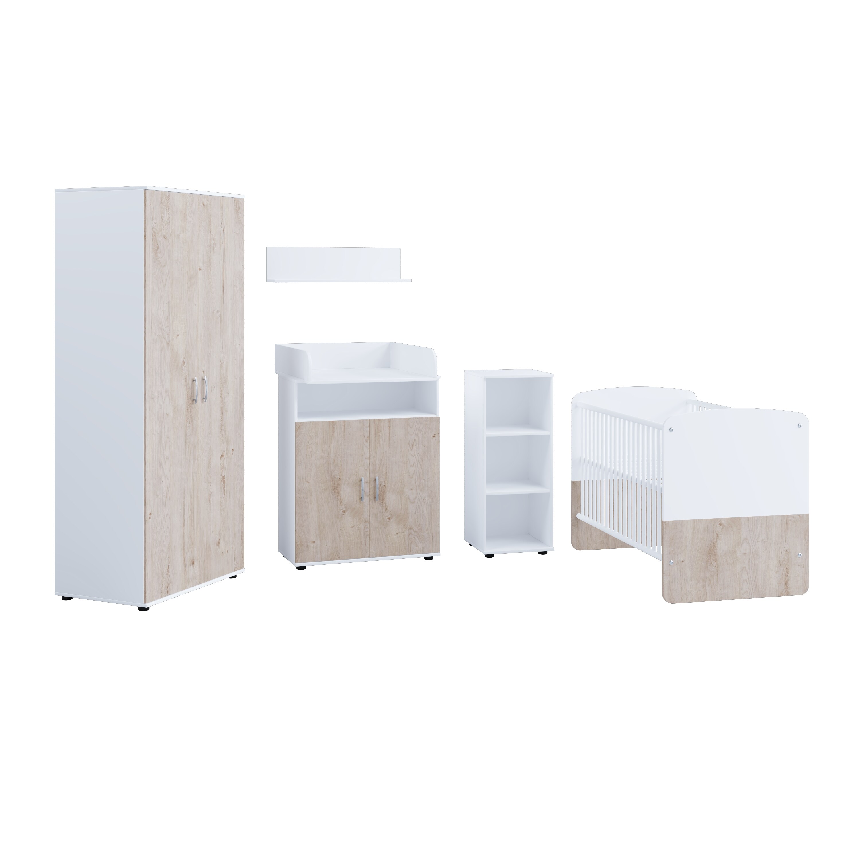 nonjoo. Babyzimmer Hanna Set 4: best. aus Babybett, Kommode, Wickelaufsatz, Wandboard, Regal mit 3 Fächern und Kleiderschrank 2-trg.