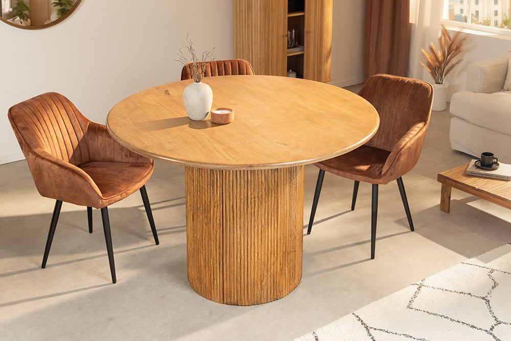 Runder Esstisch TRES CHIC 120cm braun Mangoholz Massivholz mit Stauraum