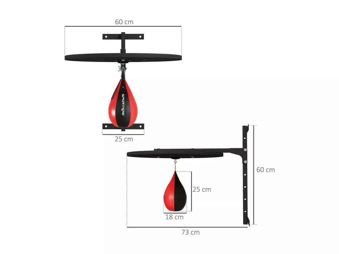 Punching ball poire de vitesse boxe avec support plateau tournant + pompe MDF acier revêtement synthétique rouge noir