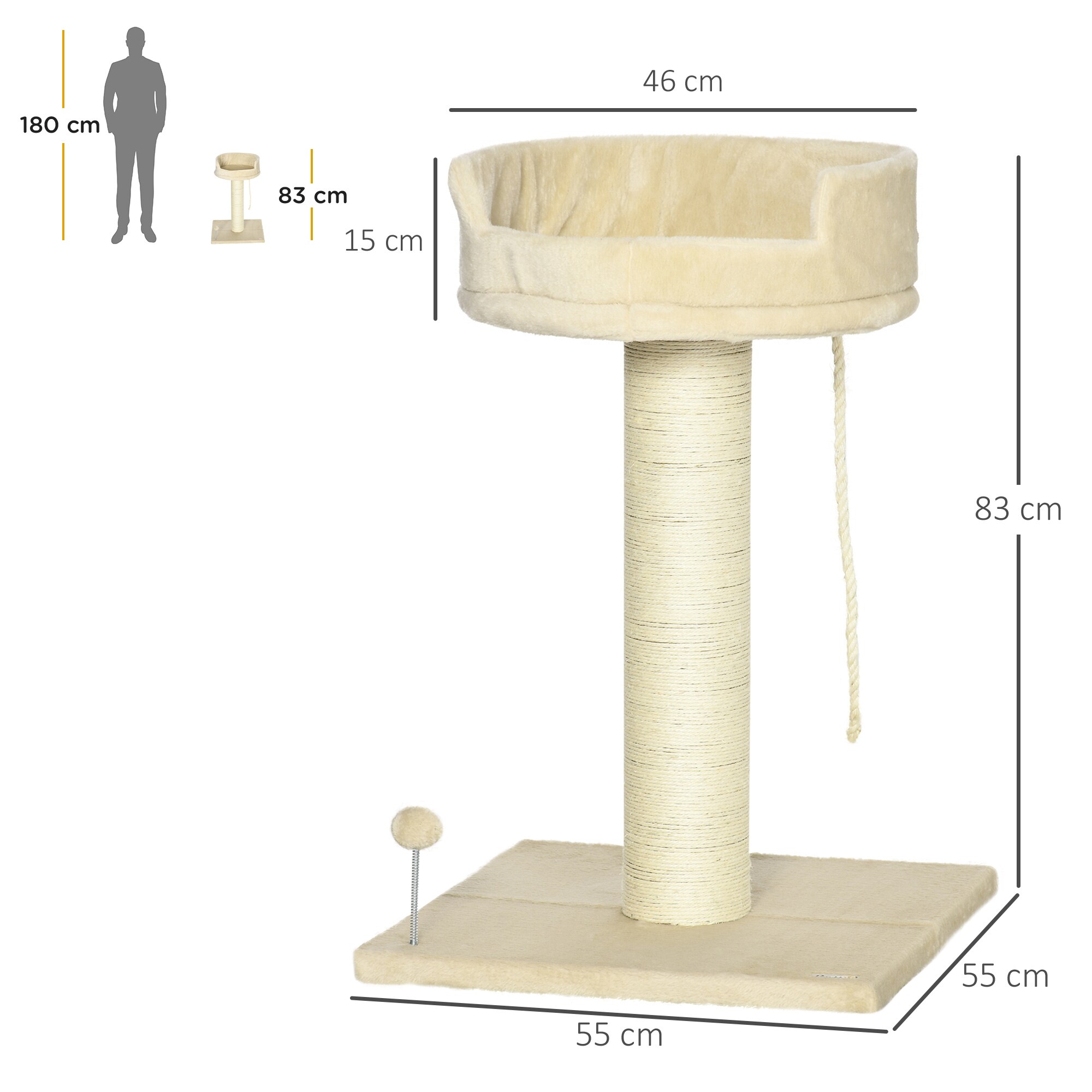 PawHut Kratzbaum mit Spielball und Liegeebene beige 55L x 55B x 83H cm