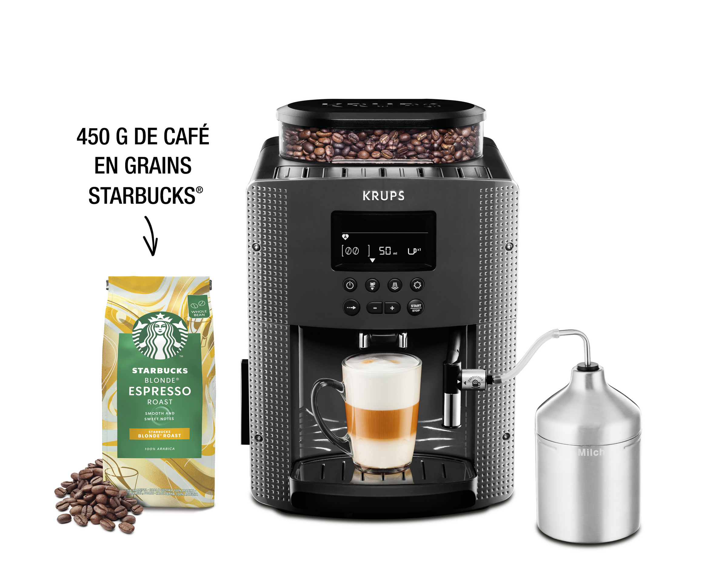 Essential, Machine à café à grain, 3 boissons Ecran LCD, mousseur, café Starbucks