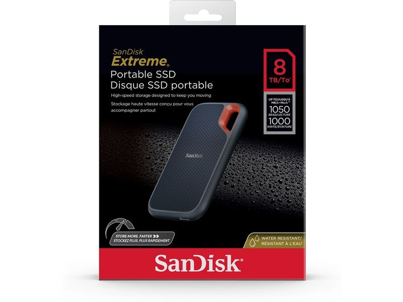 SanDisk Externe SSD Extreme Portable 8000 GB Robustes externes SSD-Laufwerk mit USB-C-Anschluss und IP65-Schutz