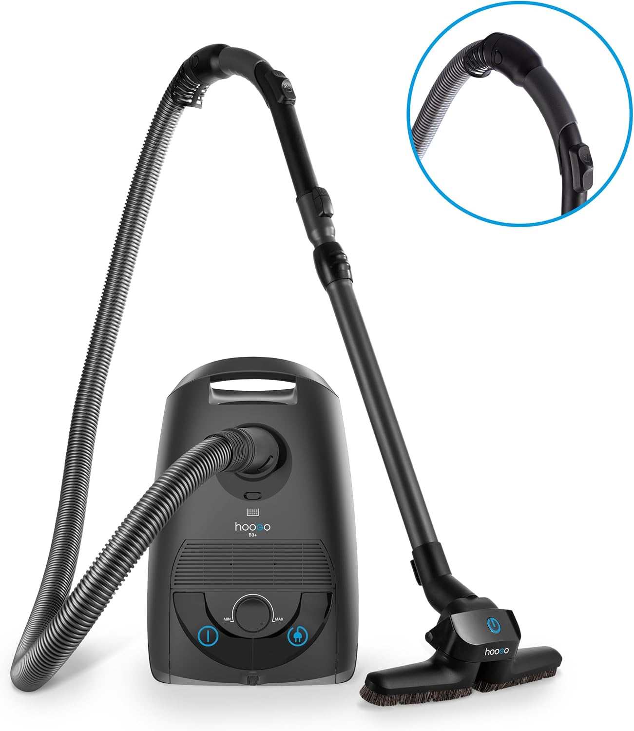 hoogo B3+ Graphit mit Flipflop Bodendüse | Staubsauger mit Beutel | Starke 850 W Saugleistung | HEPA 14 Filter | 11 Meter Radius | Nur 74 dB(A) | 3 L Fassungsvermögen