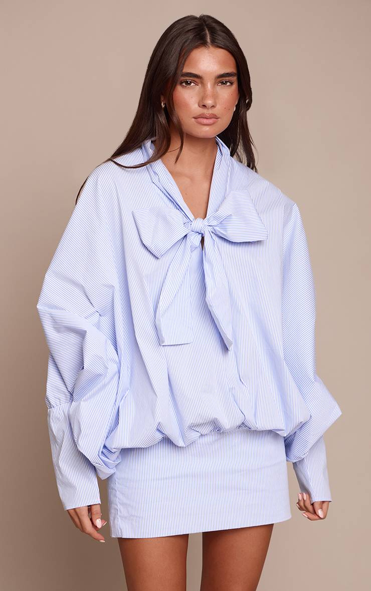 Bleu Robe Chemise Ample À Rayures Fines Avec Détail Nœud