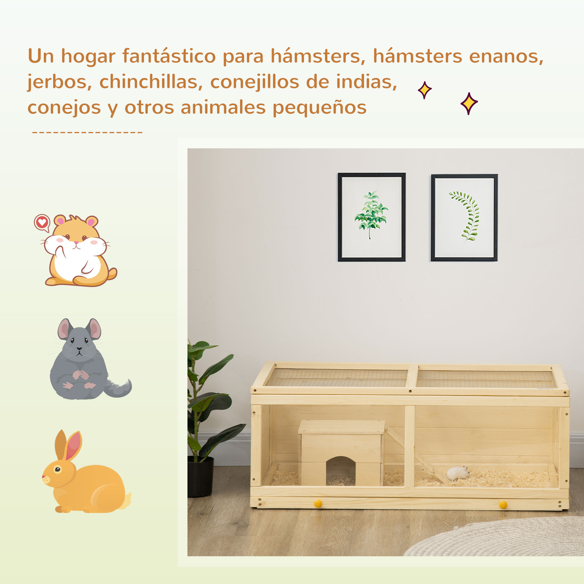 Gaiola de madeira PawHut para hamster, 100x58x38 cm, com tampa articulada, painel de acrílico, bandeja removível e casinha para coelhos e chinchilas, na cor natural.