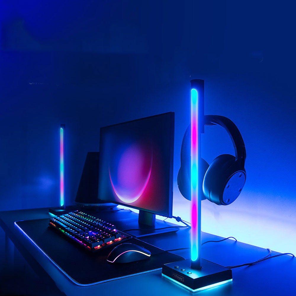(2er Set) 42cm LED RGB Stehlampe Gaming Hintergrund Beleuchtung mit Kopfhörer Halterung und Soundsteuerung (iOS/Android) - Schwarz