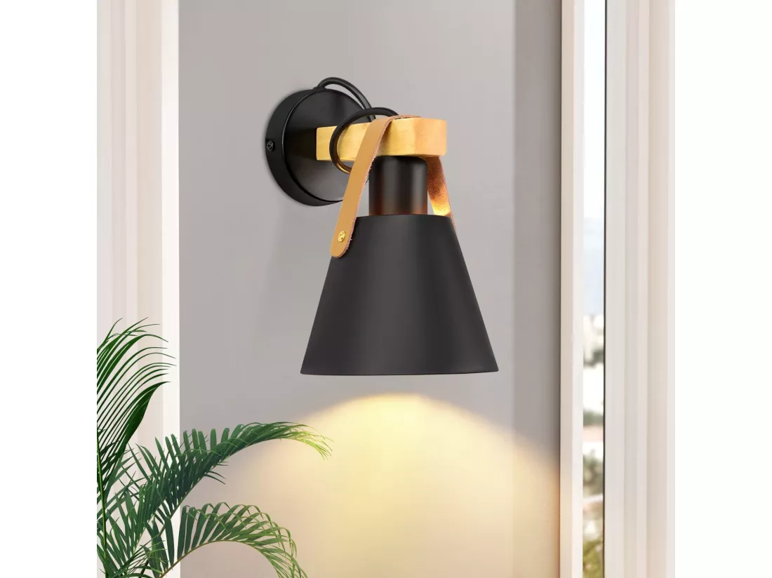 NETTLIFE Vintage Applique murale rétro E27 en noir industriel intérieur éclairage mural en bois cuir plastique (sans ampoule)