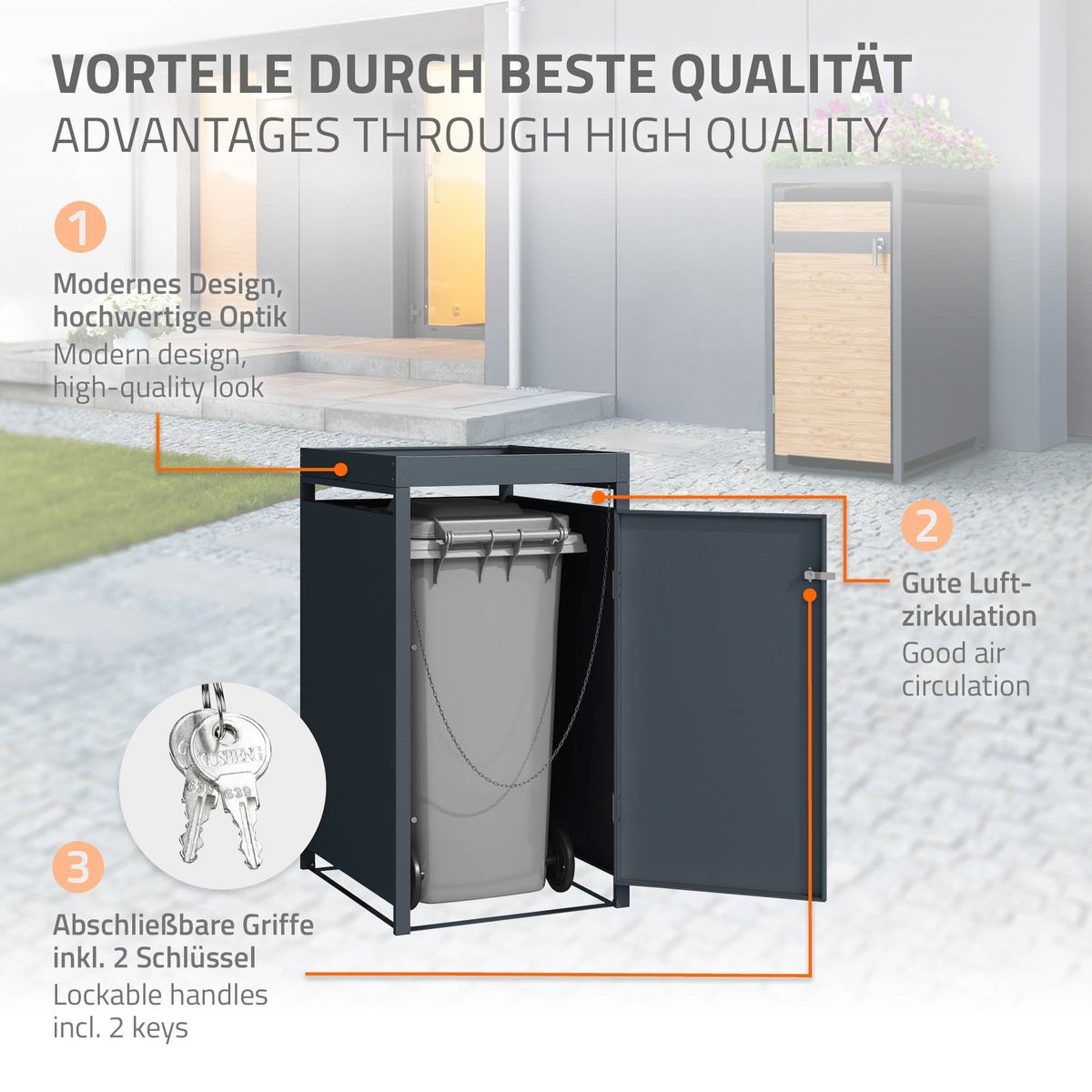ML-Design Enkele Bak Opslagunit met Groendak voor 1 Bak, 240L, 68x80x124 cm, Larikslook, Staal, Weerbestendig, Afsluitbare Bakbehuizing met Deur, Bakbox, Bakcontainer, Bakdeksel