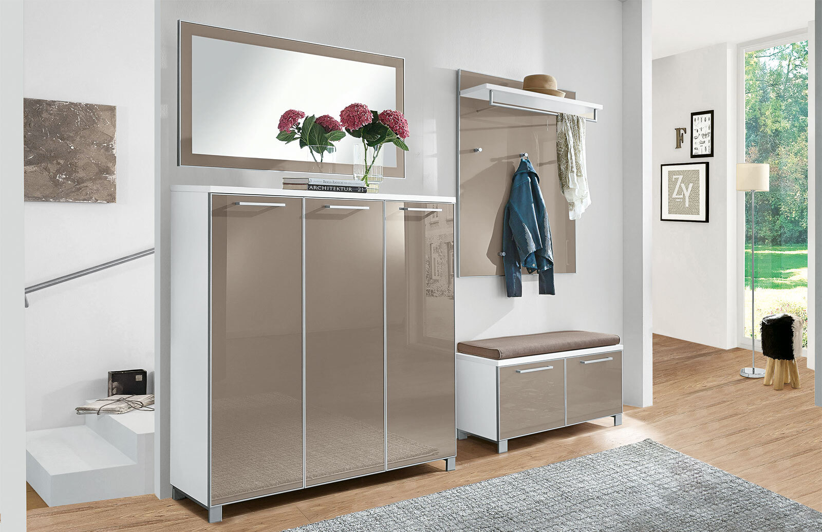 VOSS Schuhkommode SANTINA 126 x 126 cm Lack weiß/ Glas taupe