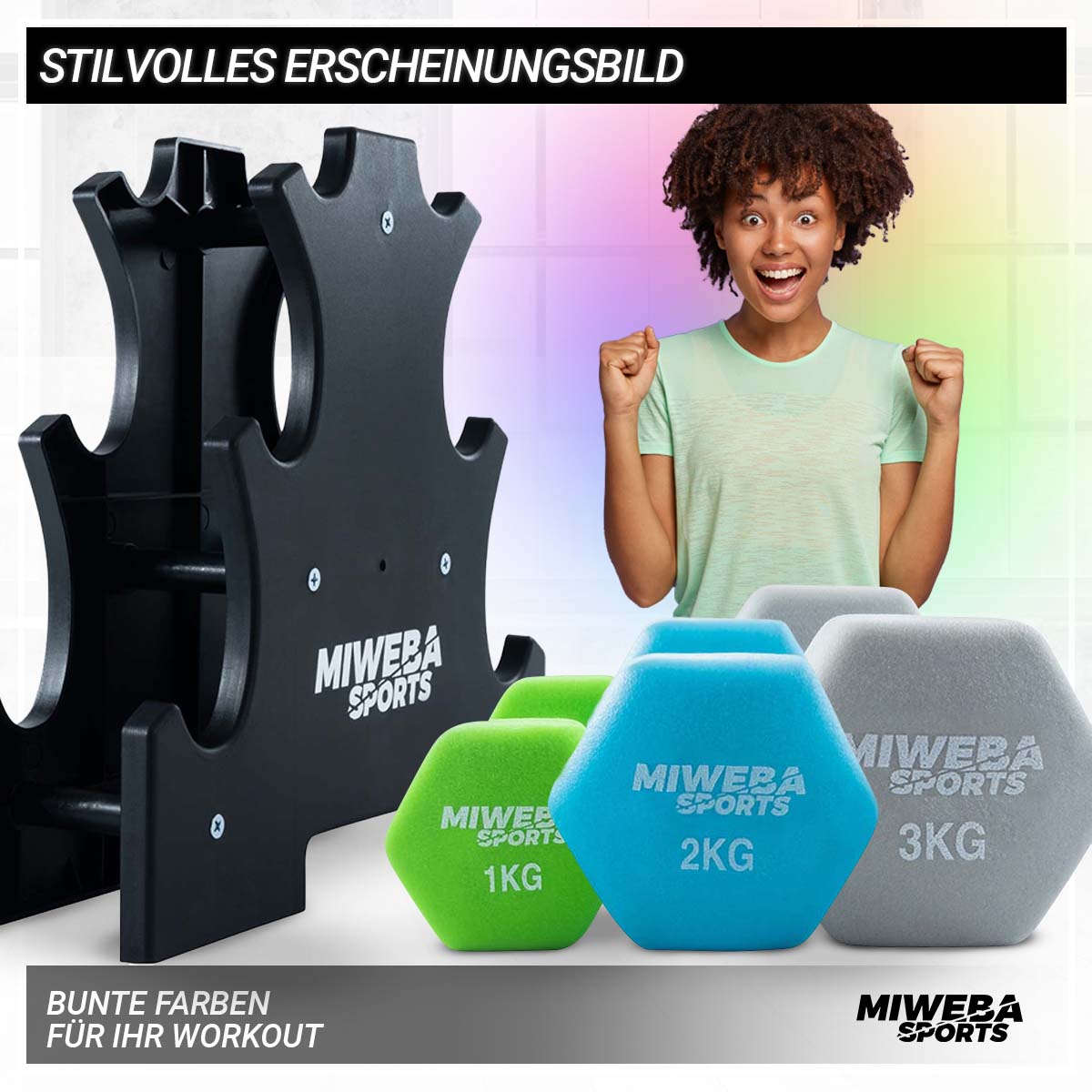 Miweba Sports Gymnastikhantel-Set NKH120, 1-3 kg, Neopren/Vinyl, Eisenkern, rutschfest, Hantelablage (Grün, Türkis, Grau, Neopren)