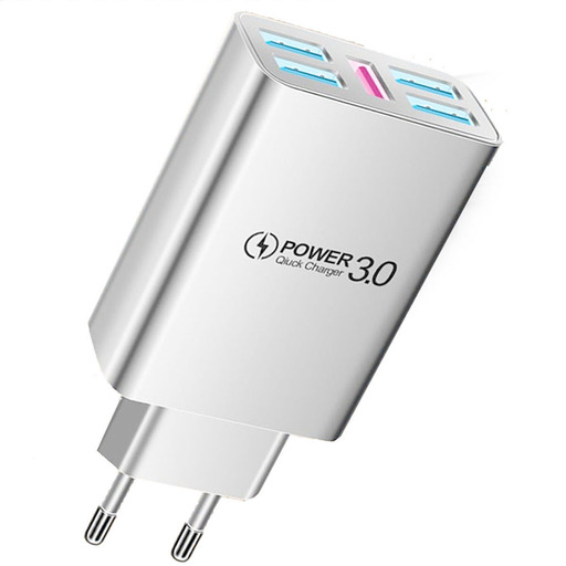 Carregador multifuncional de 5 portas com carregamento rápido para celular, smartwatch e fones de ouvido.