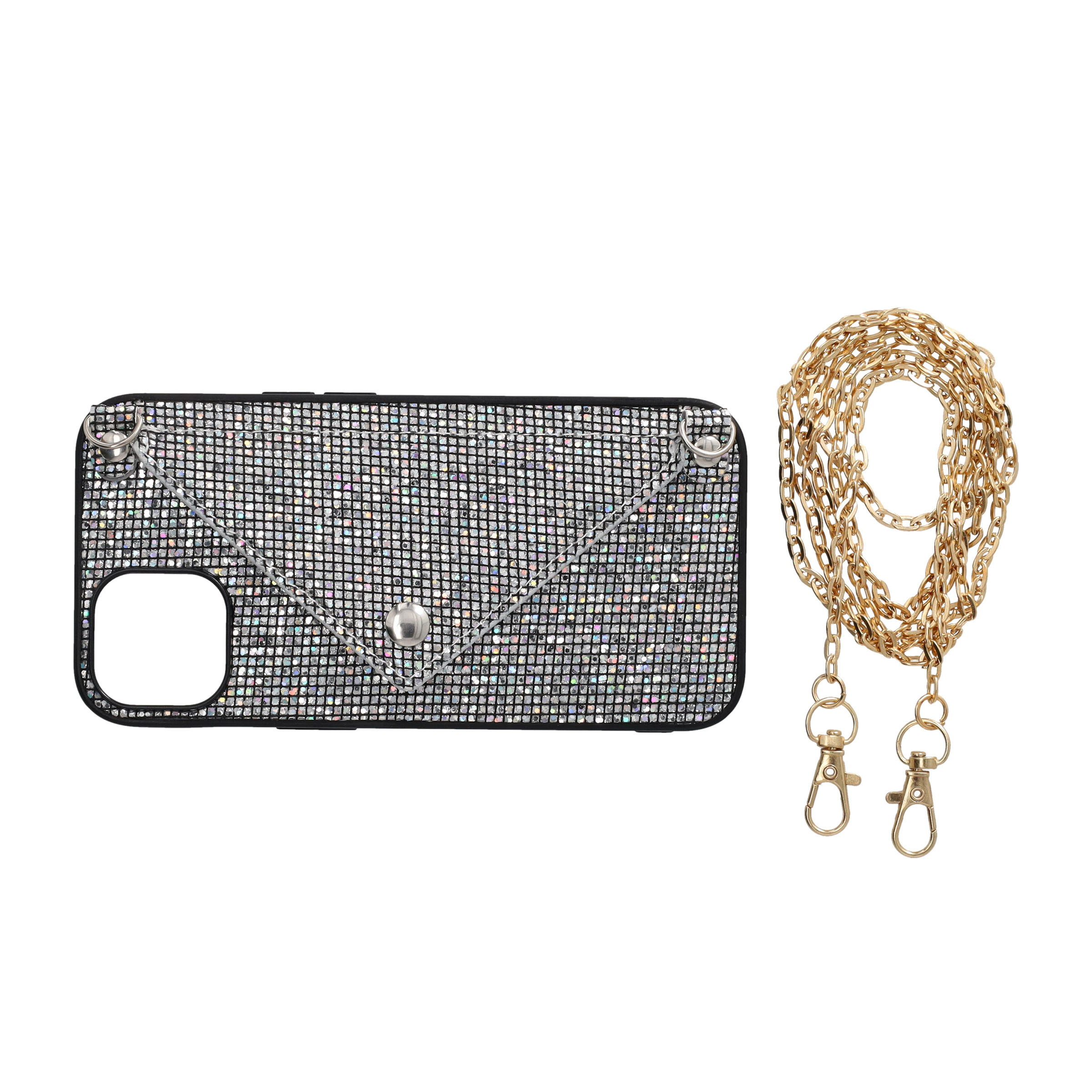 iPhone 13 Necklace Schutz Hülle mit Kartenfach   Handykette (115cm) - Schwarz (Glitzer)