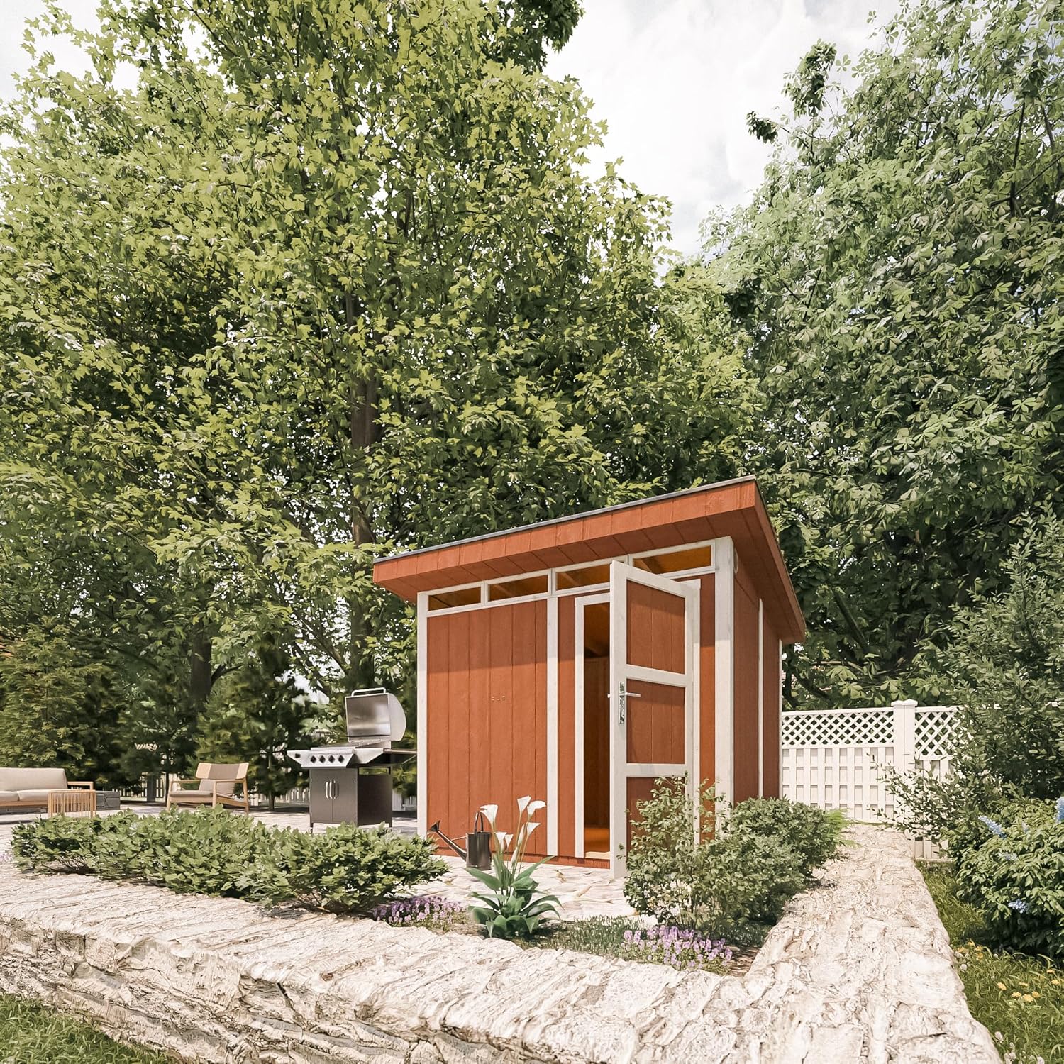 Gartenhaus Premium Qualität 5,9m² - L279xW293cm- All-Inclusive-Set mit Boden, Bitumen-Dachziegeln, Farbset- Hochwertiger Geräteschuppen aus Holzwerkstoffplatten LP Smartside - M903 Tundra Grey
