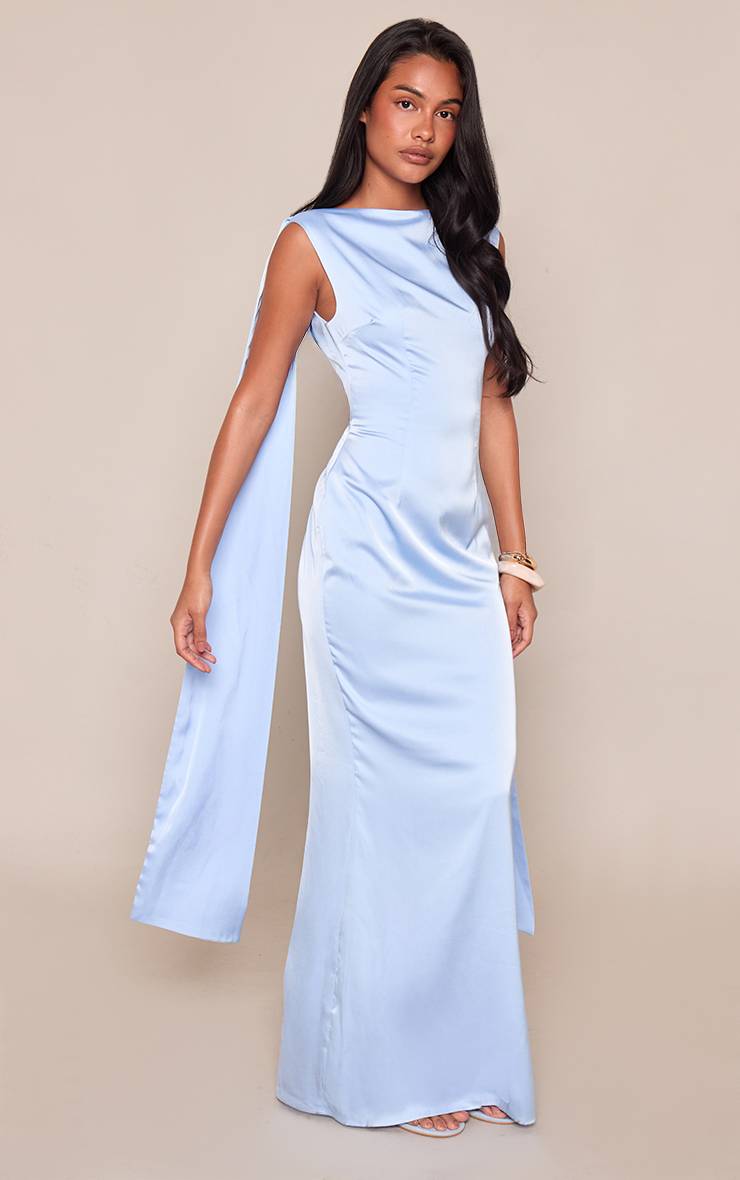 Bleu Layette Robe Longue Dos Nu Drapée En Satin Sans Manches