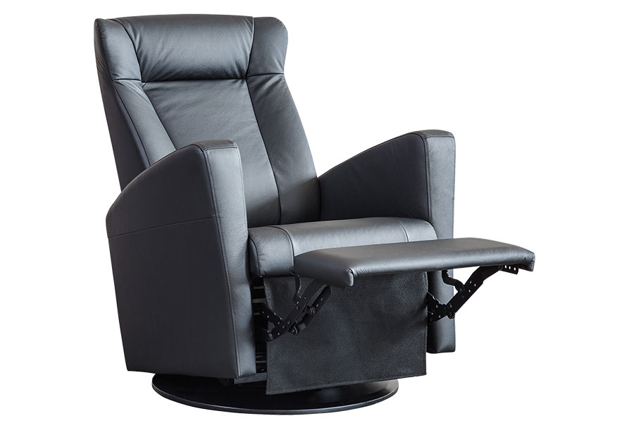 Royal recliner Hud Zenith 24 sort med sider i sort PVC. Manuell hvilefunksjon med sving- og vippefunksjon.