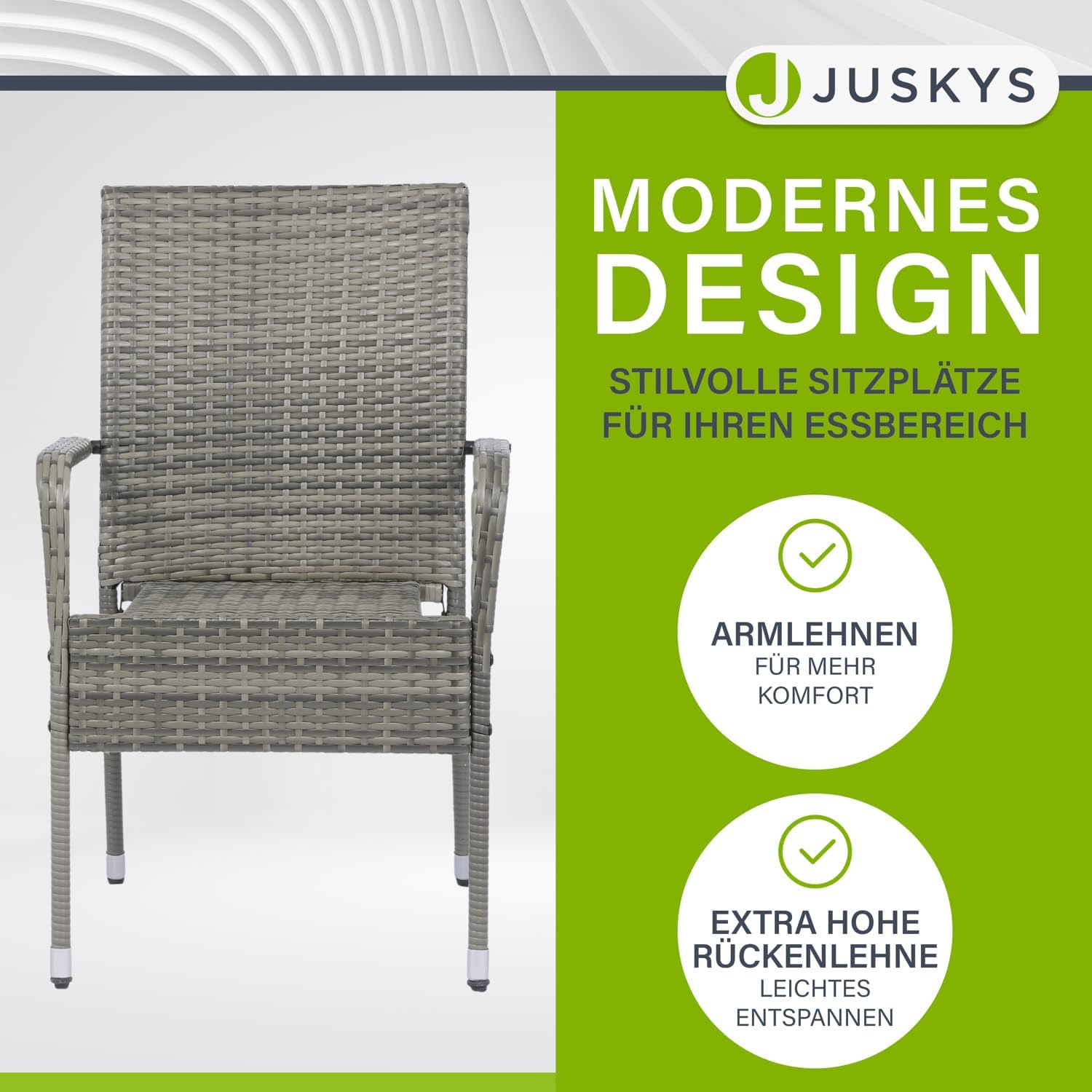 Juskys Polyrattan Gartenstühle Yoro 4er Set mit Armlehnen & Rückenlehne - 4 Stühle stapelbar - Rattan Stuhl Garten - Stapelstuhl Grau-meliert