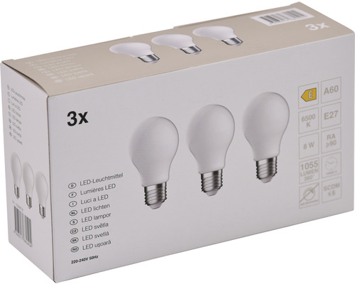 3x LED Lamp A60 E27/8.0W (75W) 1055 lm 6500 K daglichtwit mat 3 stuks