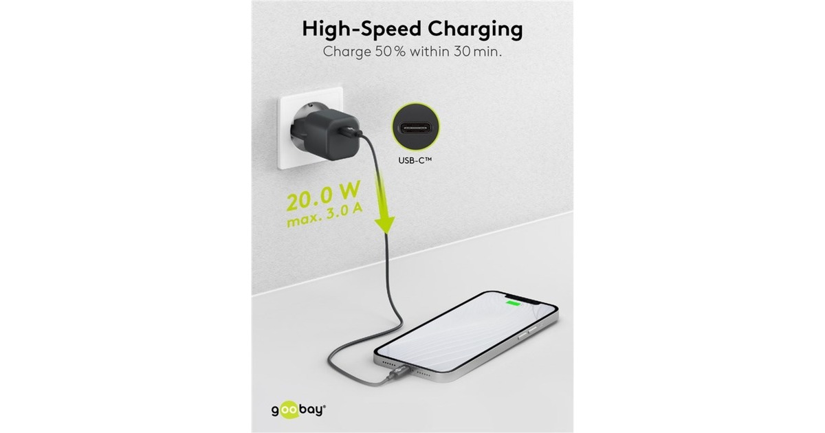 goobayUSB-C PD GaN snellader Nano (20 W)   (Zwart, 1x USB-C, Power Delivery 3.0)