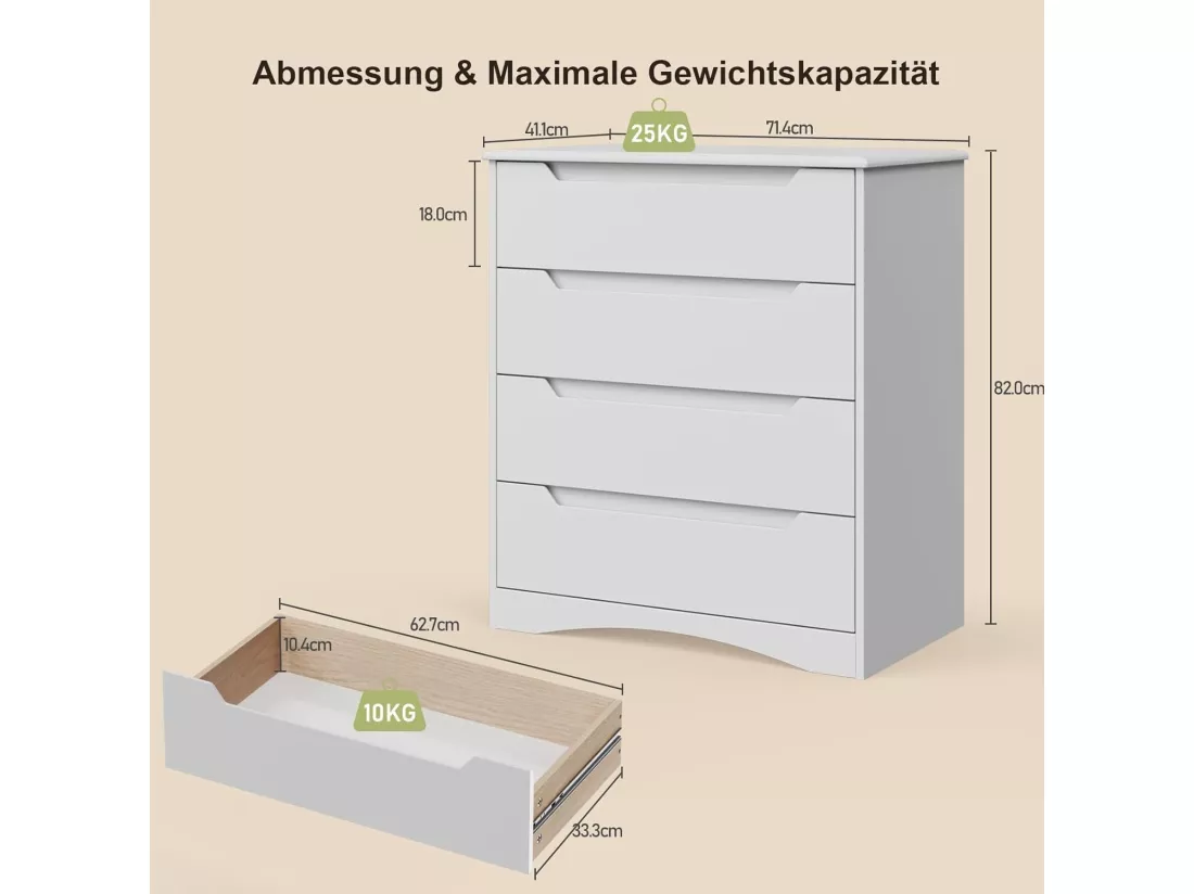 Commode Chambre Bealife 4 Tiroirs Meuble de Rangement Chambre Salon Porche Poignée Intégrée Dispositif Anti-trébuchement