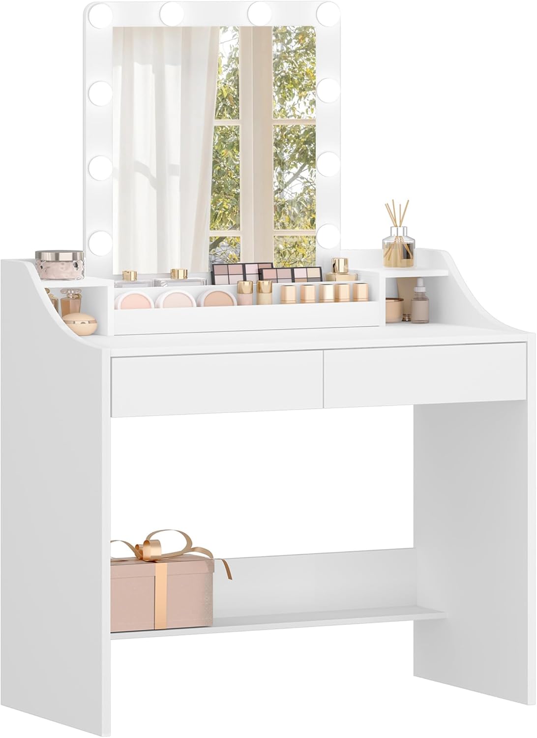 Hzuaneri Schminktisch mit LED-Beleuchtung, mit Spiegel, Einstellbare Helligkeit, Frisiertisch mit 2 Schubladen und 3 Offenen Fächern, Modern, Weiß DT39503X RD7176340