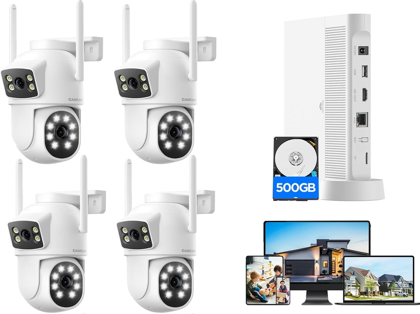 Camcamp Kabelloses Sicherheitskamerasystem für den Außenbereich, Dual-Objektivverbindung, 2,4 G/5 G WiFi, Automatische Verfolgung, 24/7-Aufnahme