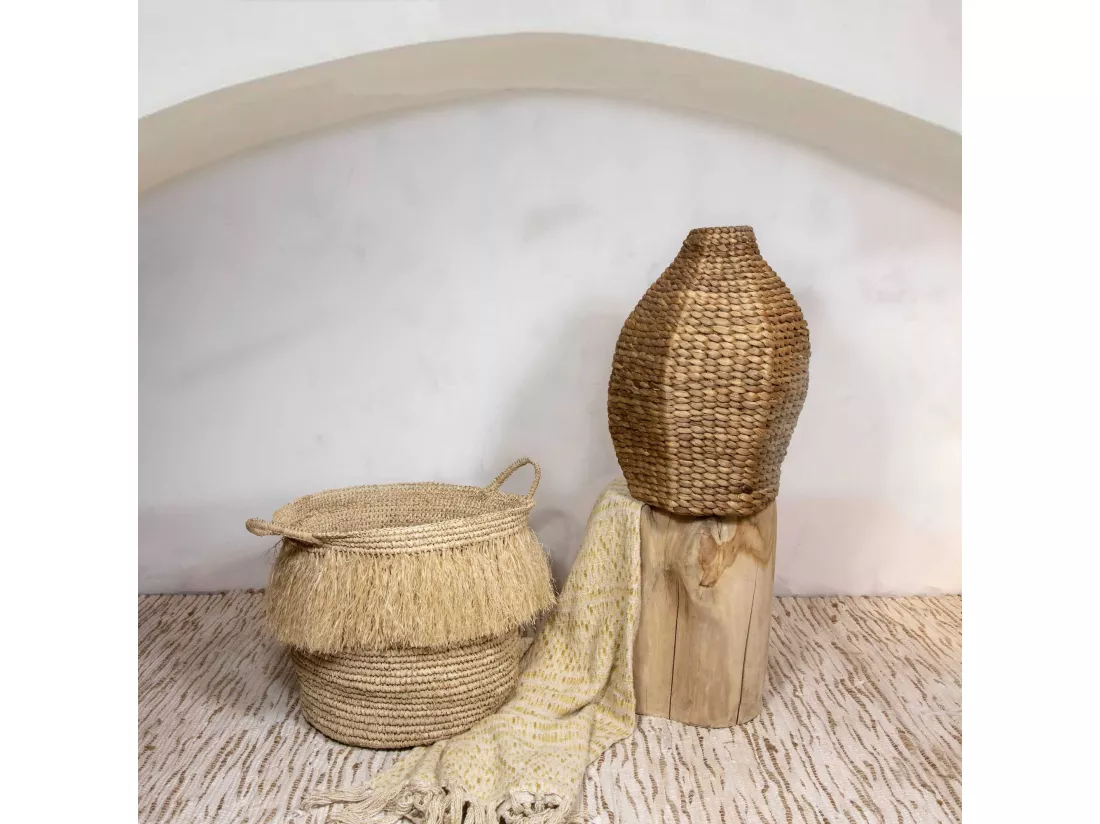 Now's Home - Panier A Franges En Raphia Naturel A Anses Diam48cm X Ht49 Cm Luys