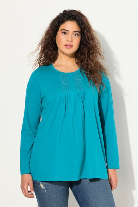 Shirt, Falten, Perlen, A-Linie, Langarm