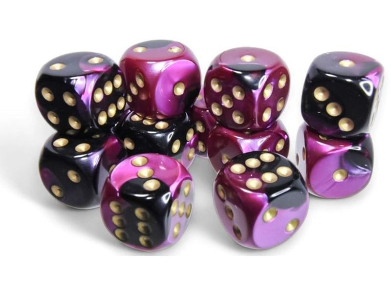 Chessex Würfelset Gemini 16 mm d6 Schwarz-Lila/Gold 12 Stk. Würfelset mit 12 Würfeln