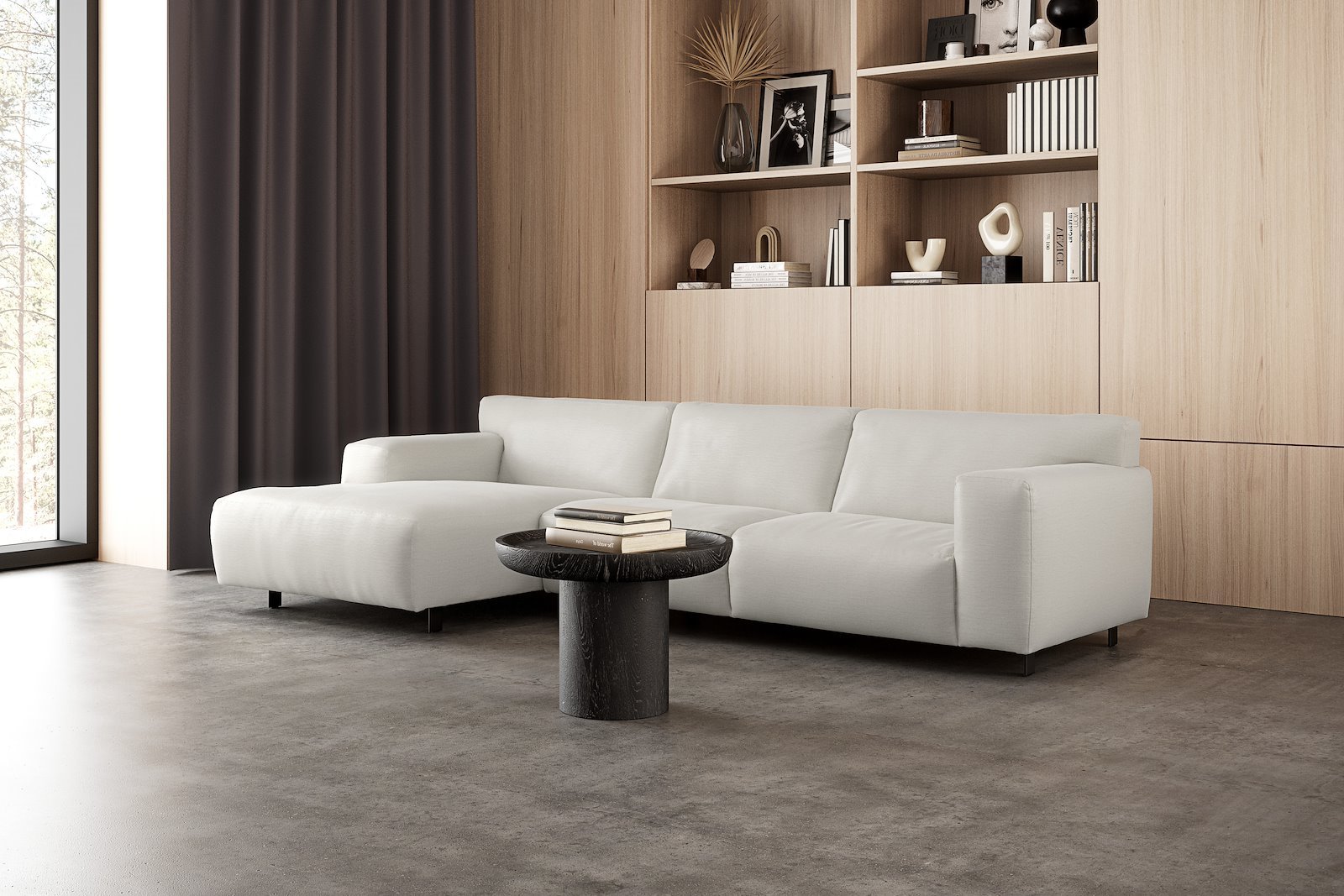Vesta 2,5-seter med sjeselong venstre I Tekstil Cortina White, standardsøm, sort metallben 10 cm, Comfort CM