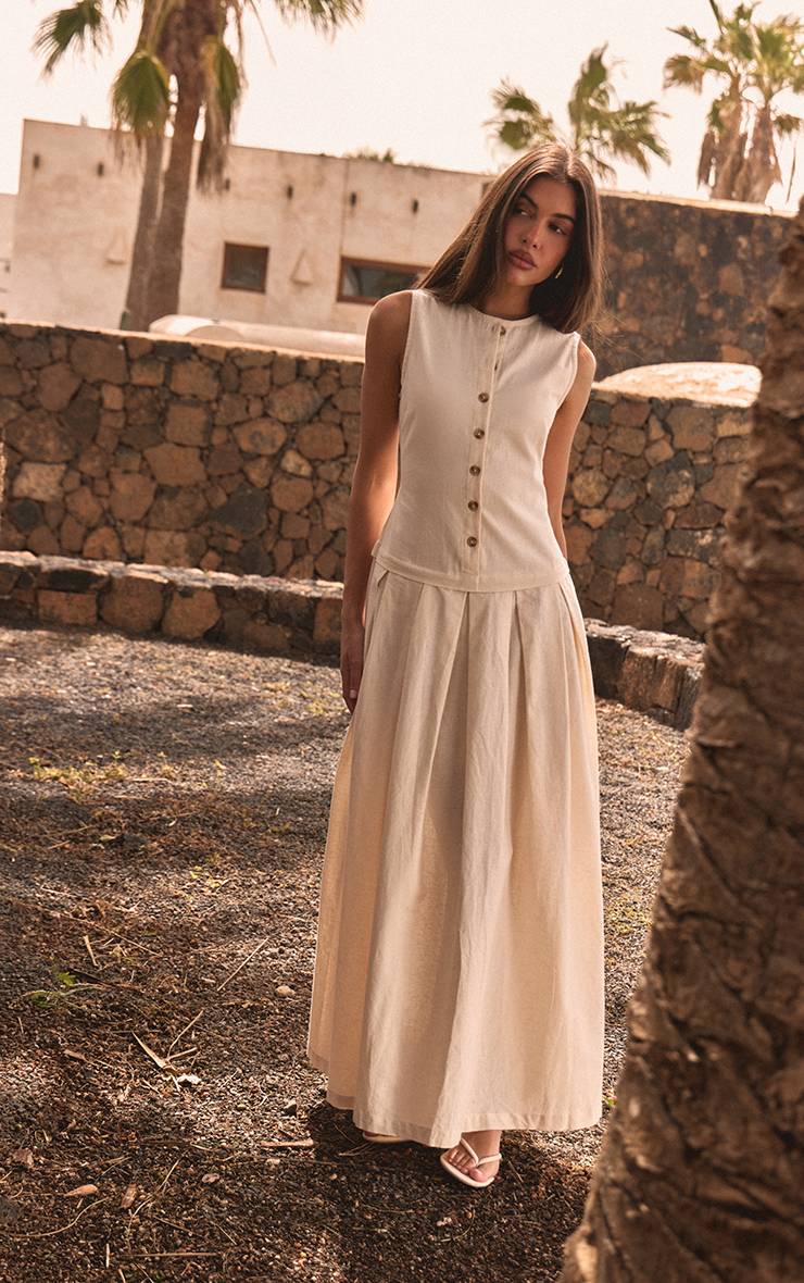 Naturel Robe Maxi À Taille Basse Boutonnée Aspect Lin